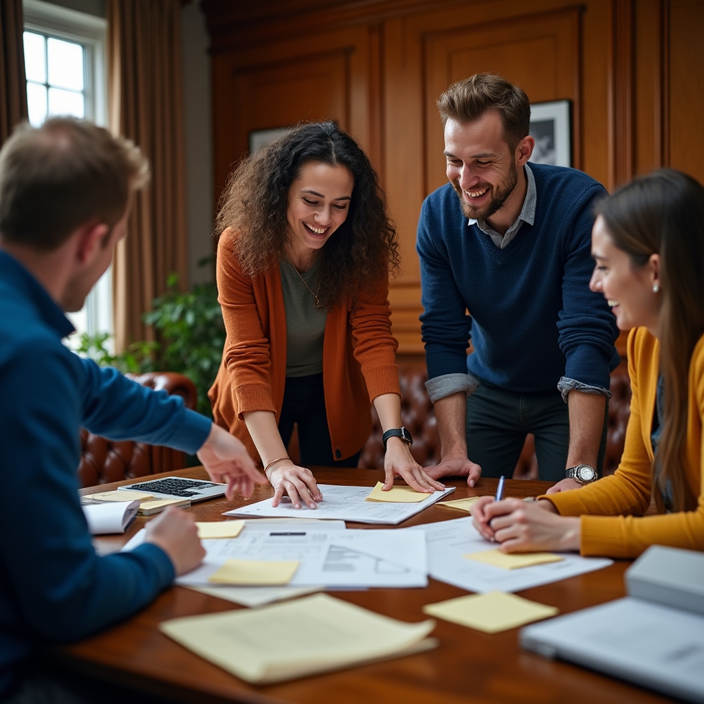 Equipo de profesionales colaborando alrededor de una mesa con documentos y notas