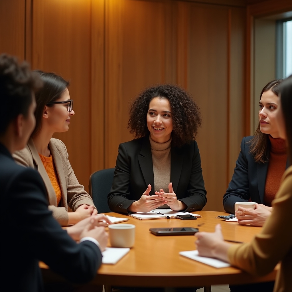 Grupo de profesionales jóvenes participando de una sesión de mentoría alrededor de una mesa de madera