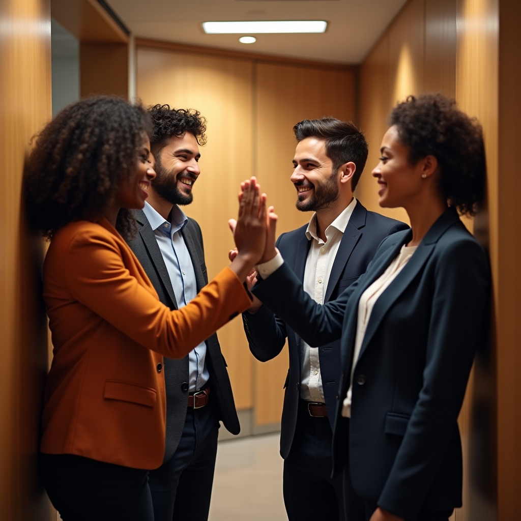 Grupo de profesionales conversando con gestos de reconocimiento mutuo tras un logro laboral